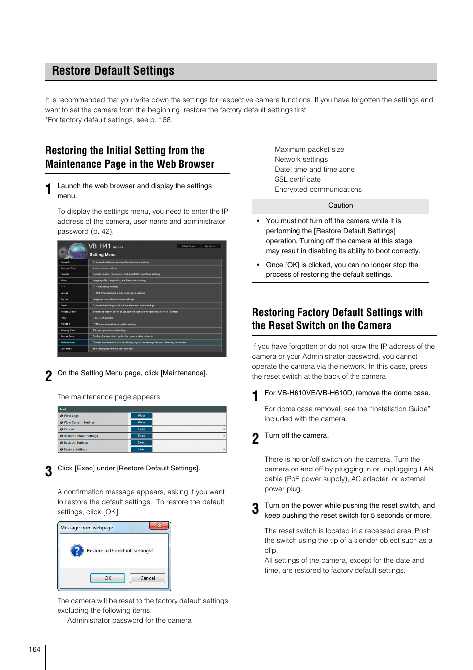Restore default settings, P. 164) | Canon VB-H41 User Manual | Page 164 / 177