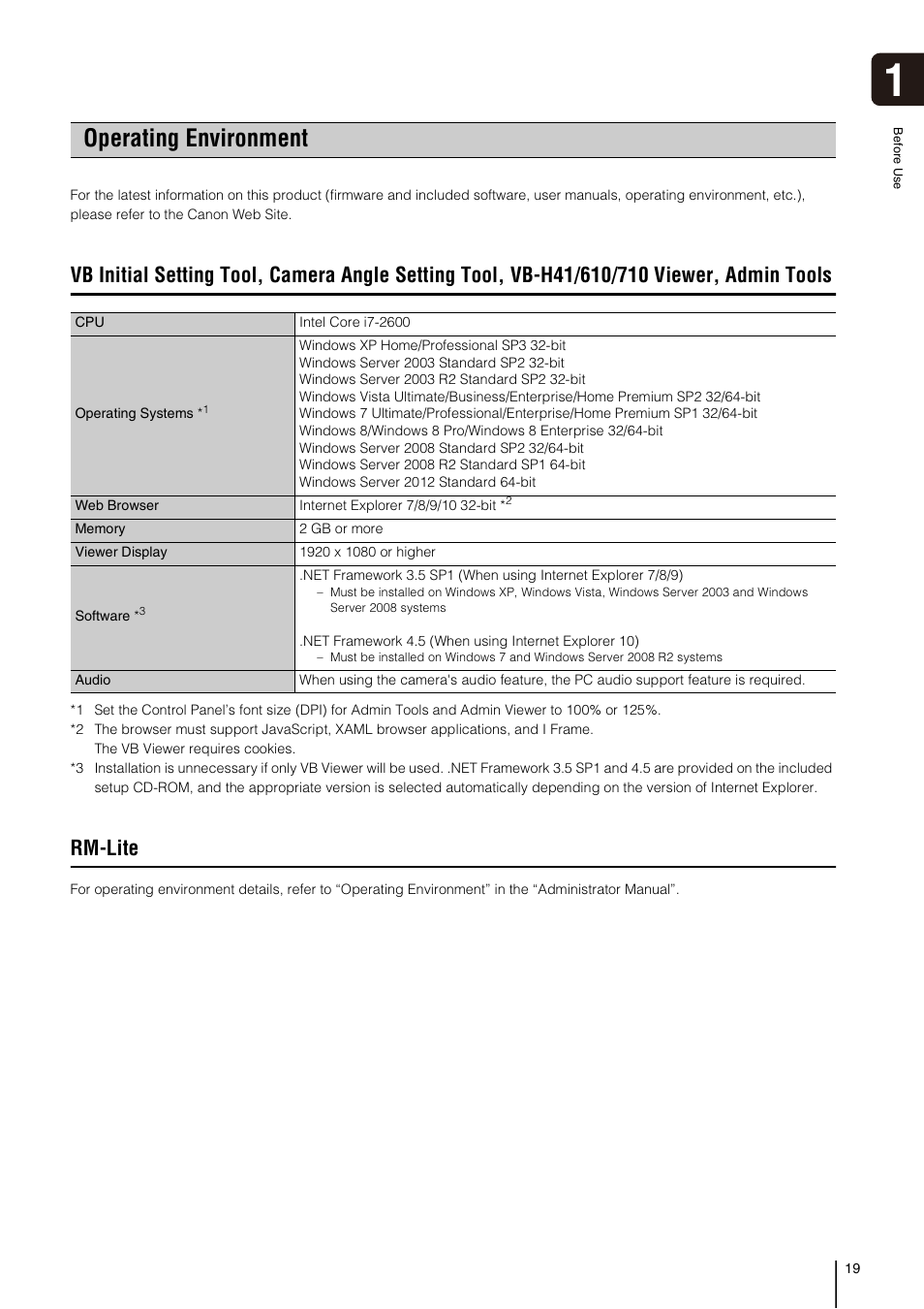 Operating environment, Rm-lite, Admin tools | Canon VB-H41 User Manual | Page 19 / 177