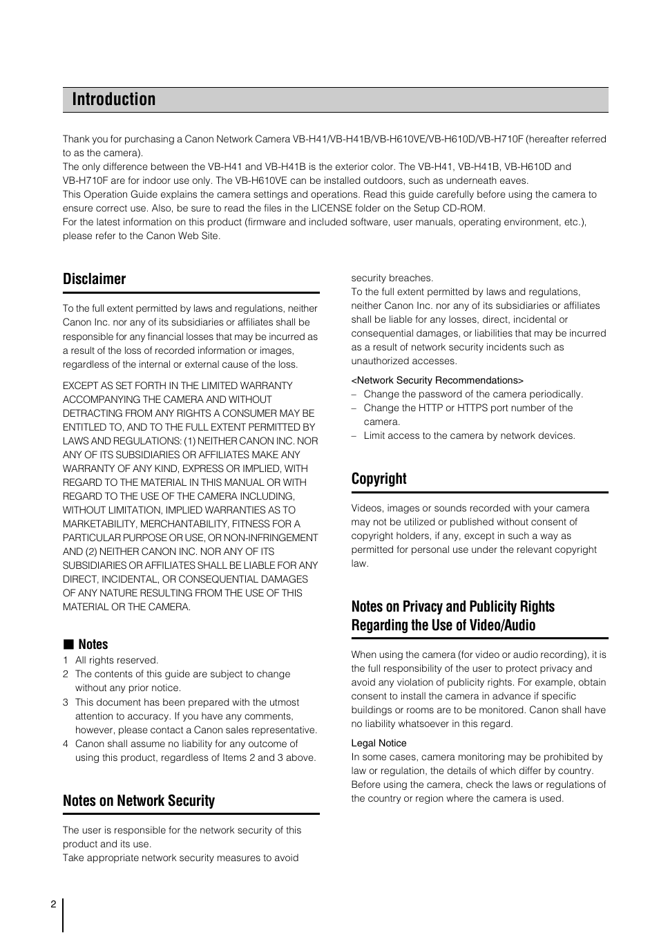 Introduction, Disclaimer, Notes on network security | Copyright | Canon VB-H41 User Manual | Page 2 / 177