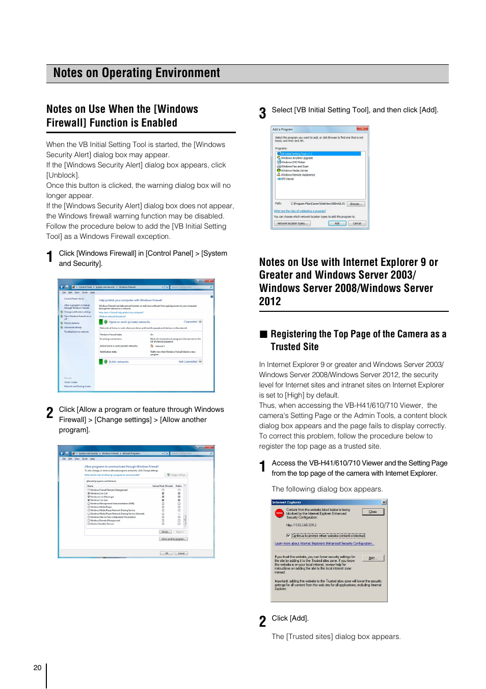 Notes on operating environment, Windows server 2008/windows server 2012 | Canon VB-H41 User Manual | Page 20 / 177