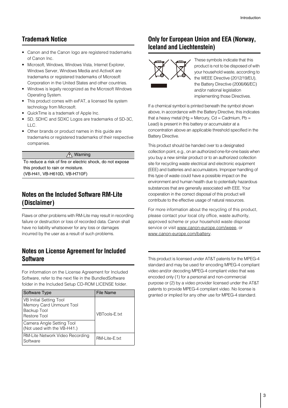 Trademark notice, Notes on license agreement for included software | Canon VB-H41 User Manual | Page 3 / 177