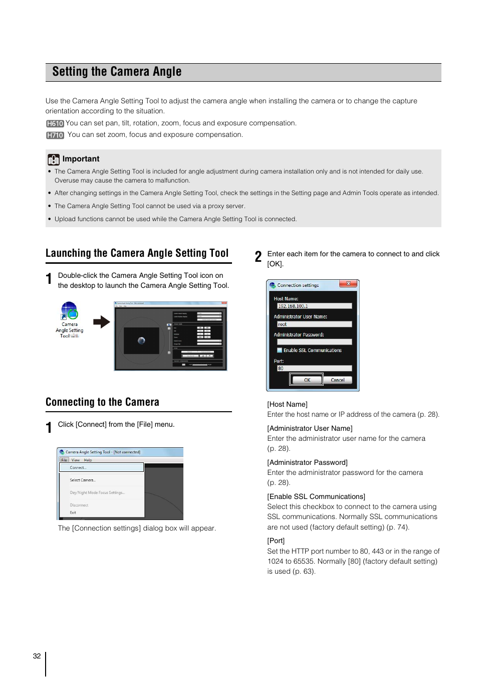 Setting the camera angle, Launching the camera angle setting tool, Connecting to the camera | Canon VB-H41 User Manual | Page 32 / 177