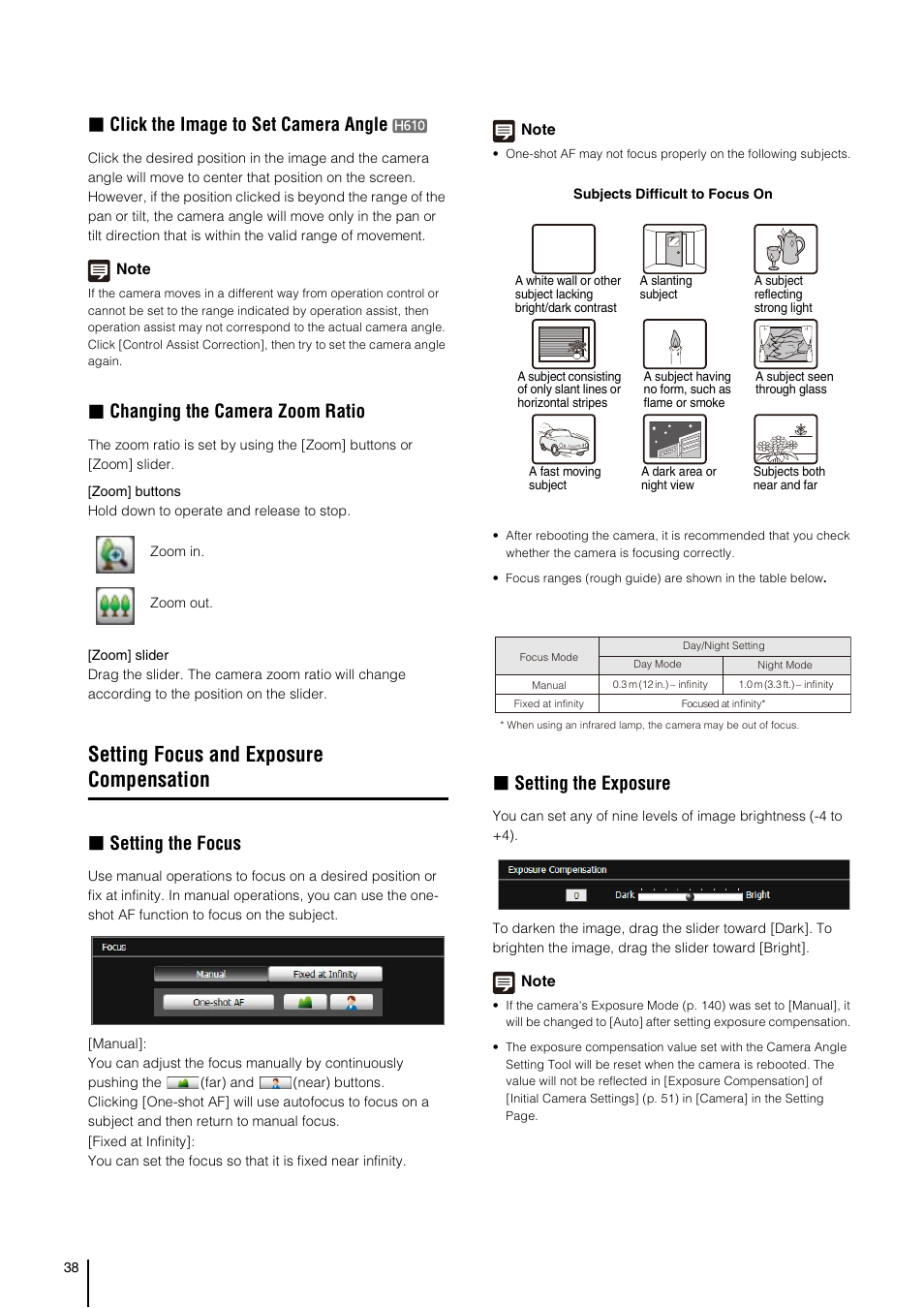 Setting focus and exposure compensation, Click the image to set camera angle, Changing the camera zoom ratio | Setting the focus, Setting the exposure | Canon VB-H41 User Manual | Page 38 / 177