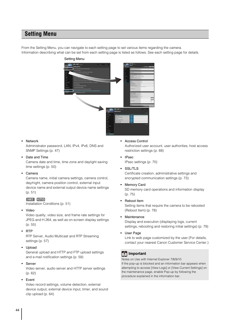 Setting menu | Canon VB-H41 User Manual | Page 44 / 177