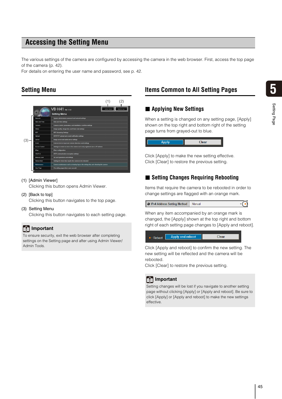 Accessing the setting menu, Setting menu, Items common to all setting pages | Applying new settings, Setting changes requiring rebooting | Canon VB-H41 User Manual | Page 45 / 177