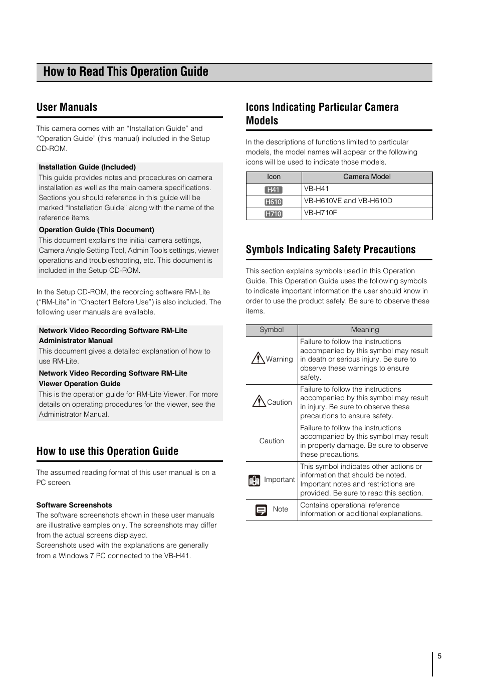 How to read this operation guide, User manuals, How to use this operation guide | Icons indicating particular camera models, Symbols indicating safety precautions | Canon VB-H41 User Manual | Page 5 / 177