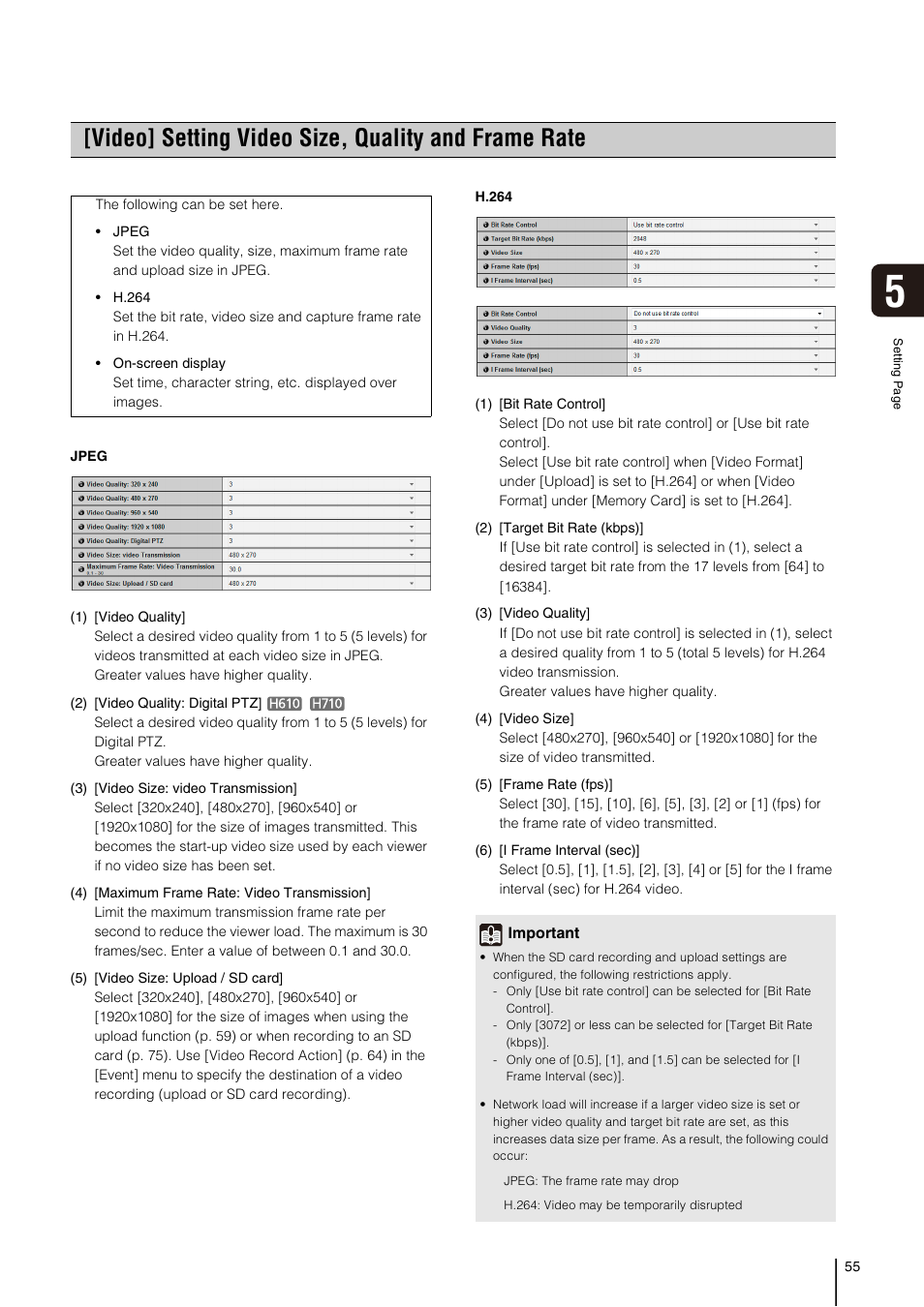 Video] setting video size, quality and frame rate, P. 55) | Canon VB-H41 User Manual | Page 55 / 177