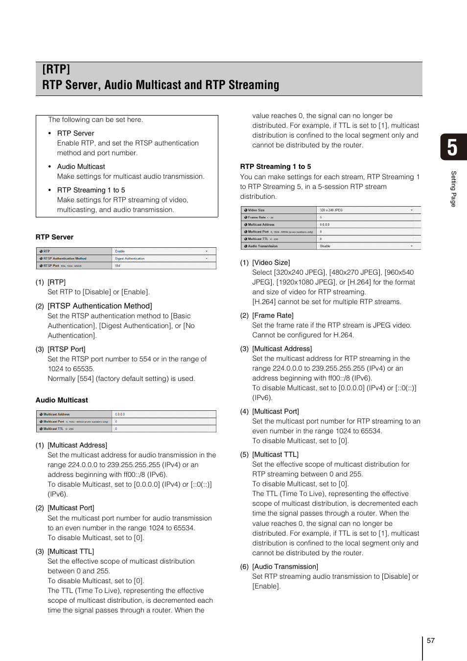 Rtp] rtp server, audio multicast and rtp streaming, P. 57 | Canon VB-H41 User Manual | Page 57 / 177