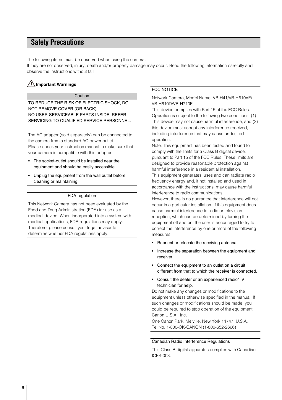 Safety precautions | Canon VB-H41 User Manual | Page 6 / 177