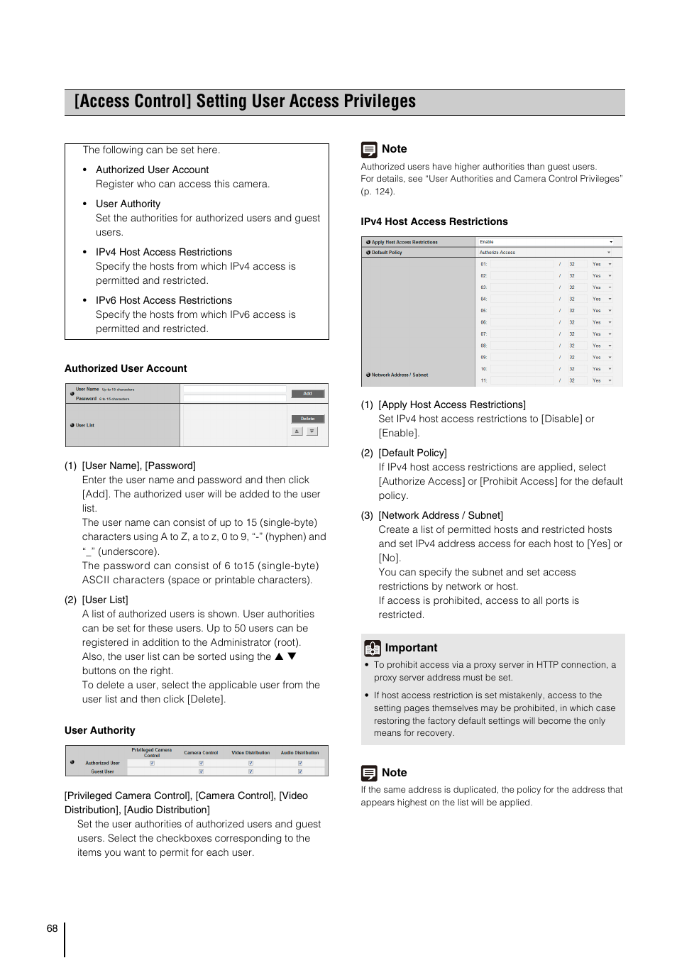 Access control] setting user access privileges, P. 68) | Canon VB-H41 User Manual | Page 68 / 177