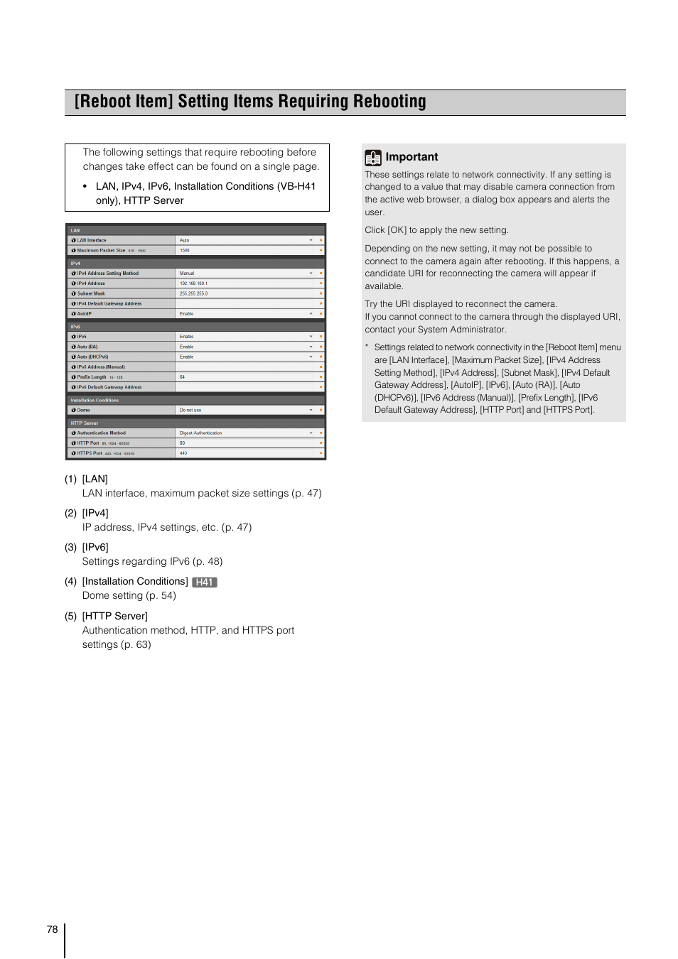 Reboot item] setting items requiring rebooting, P. 78), In “[reboot | Item] setting items requiring rebooting” (p. 78) | Canon VB-H41 User Manual | Page 78 / 177