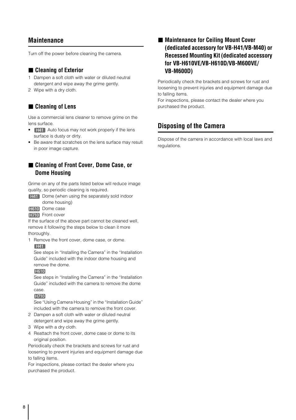 Maintenance, Disposing of the camera, Cleaning of exterior | Cleaning of lens | Canon VB-H41 User Manual | Page 8 / 177