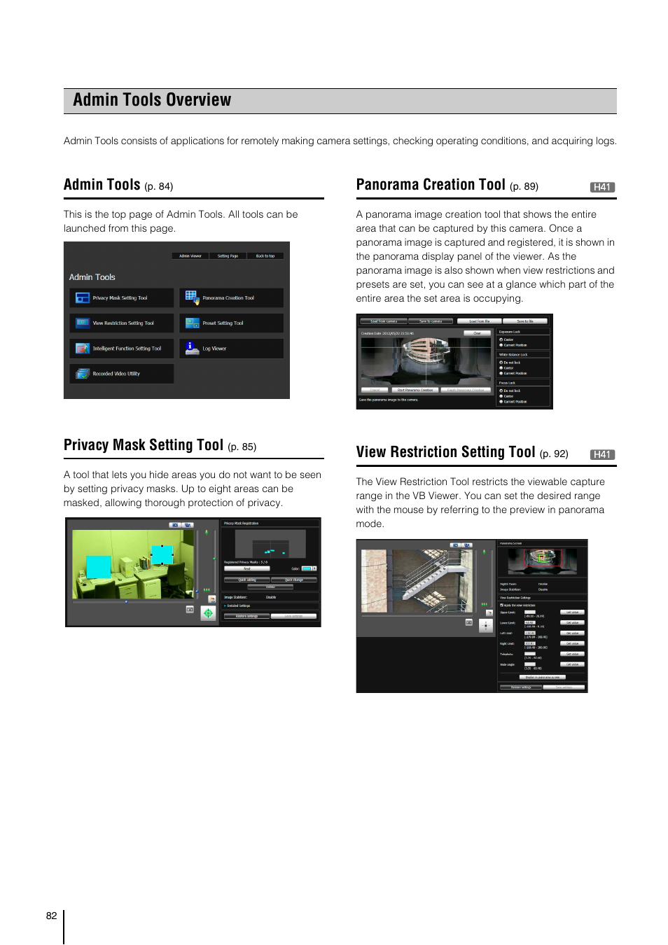 Admin tools overview, Admin tools, Privacy mask setting tool | Panorama creation tool, View restriction setting tool | Canon VB-H41 User Manual | Page 82 / 177