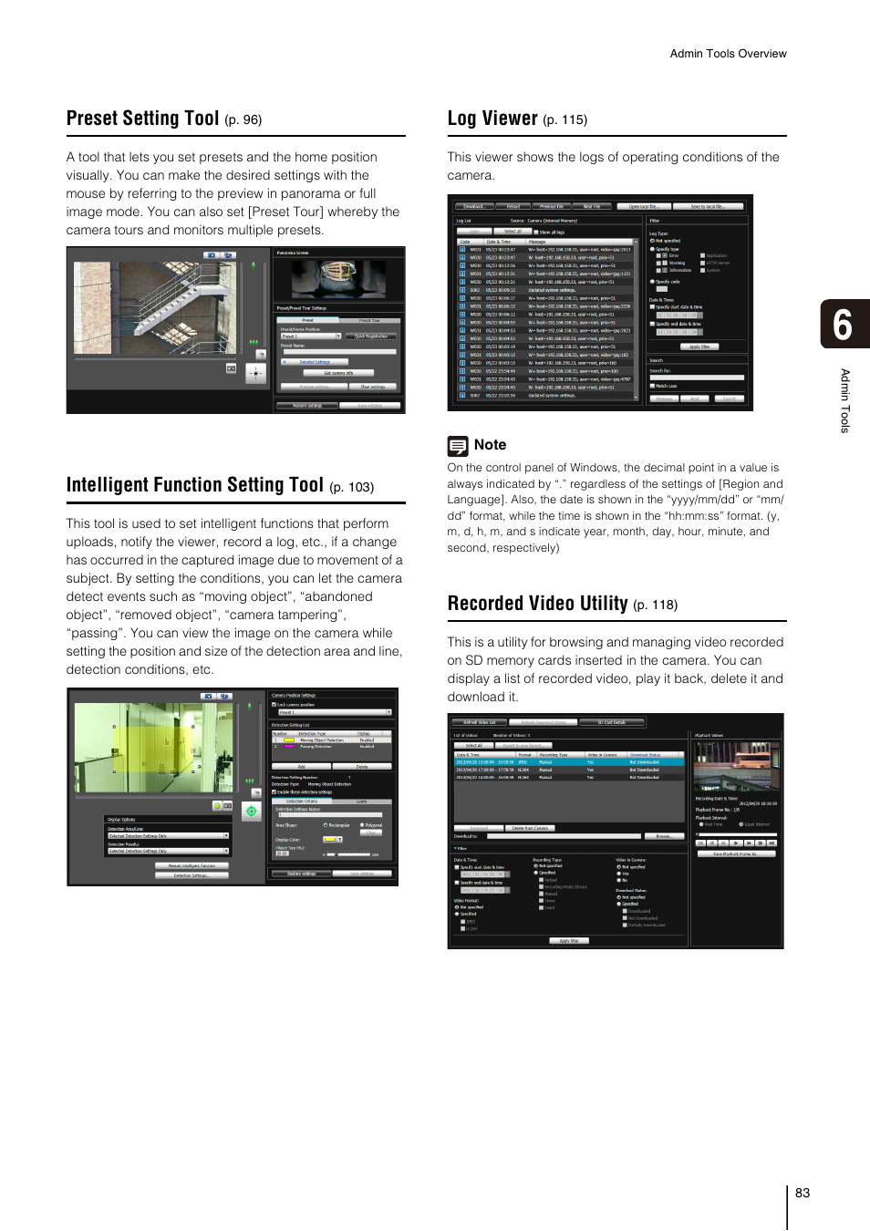 Preset setting tool, Intelligent function setting tool, Log viewer | Recorded video utility | Canon VB-H41 User Manual | Page 83 / 177