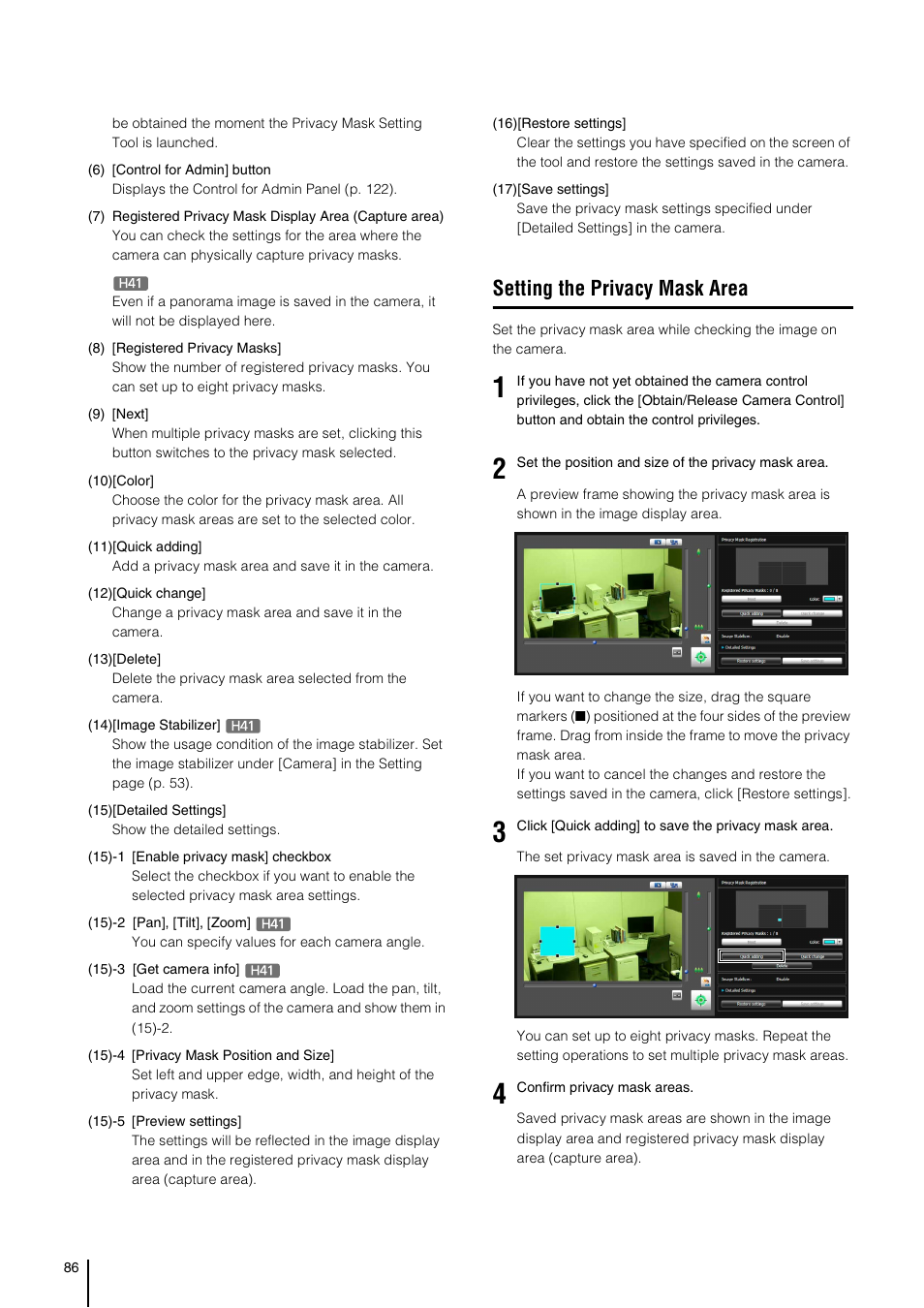 Setting the privacy mask area | Canon VB-H41 User Manual | Page 86 / 177