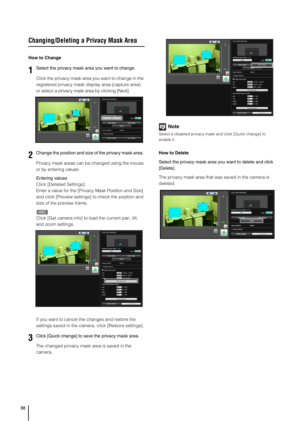 Changing/deleting a privacy mask area | Canon VB-H41 User Manual | Page 88 / 177