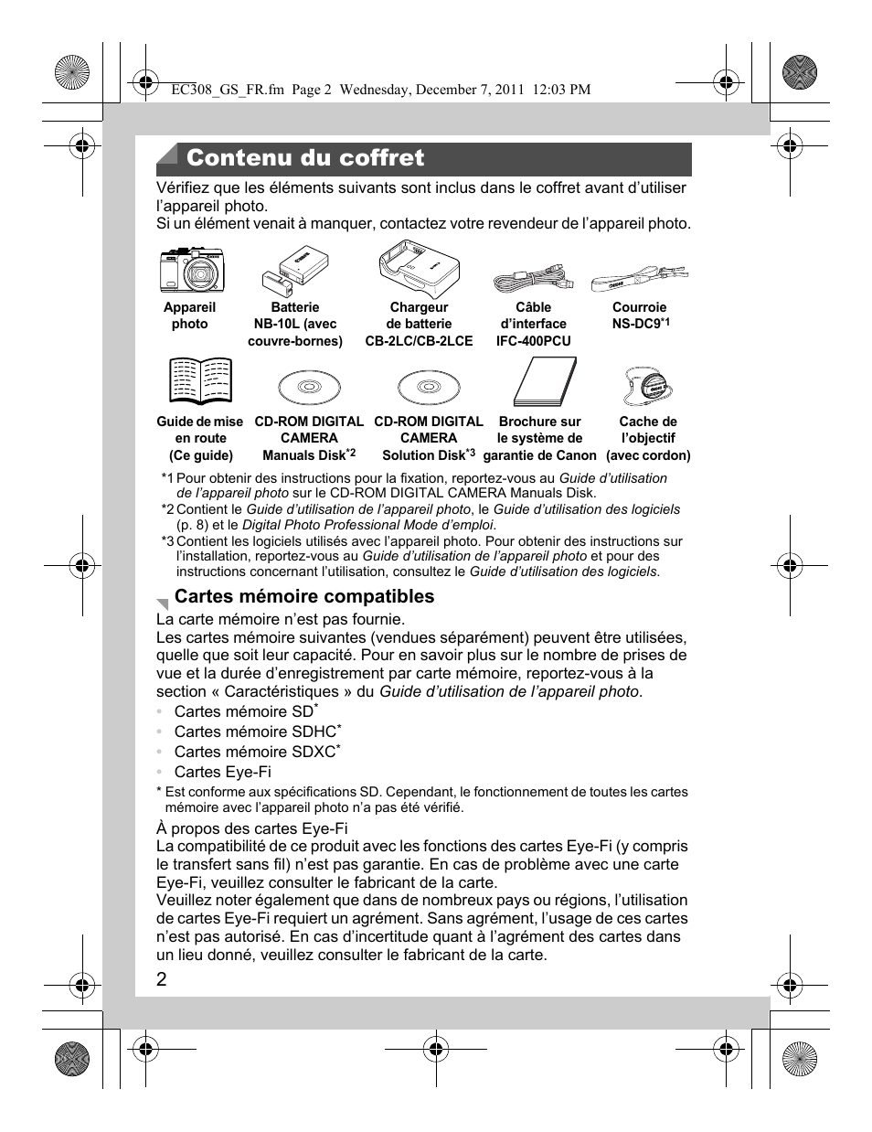 Contenu du coffret, Cartes mémoire compatibles | Canon PowerShot G1 X User Manual | Page 18 / 146