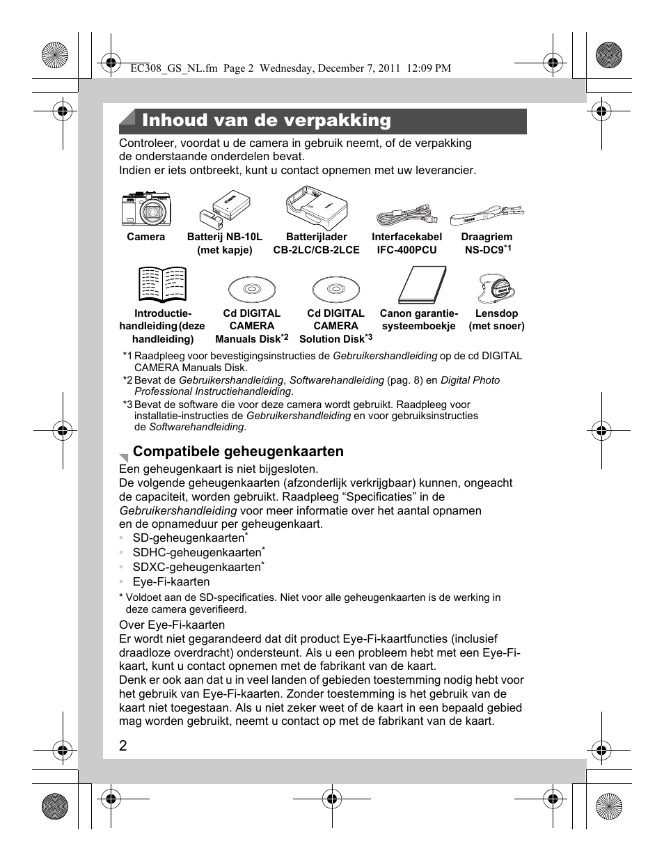 Inhoud van de verpakking, Compatibele geheugenkaarten | Canon PowerShot G1 X User Manual | Page 42 / 146