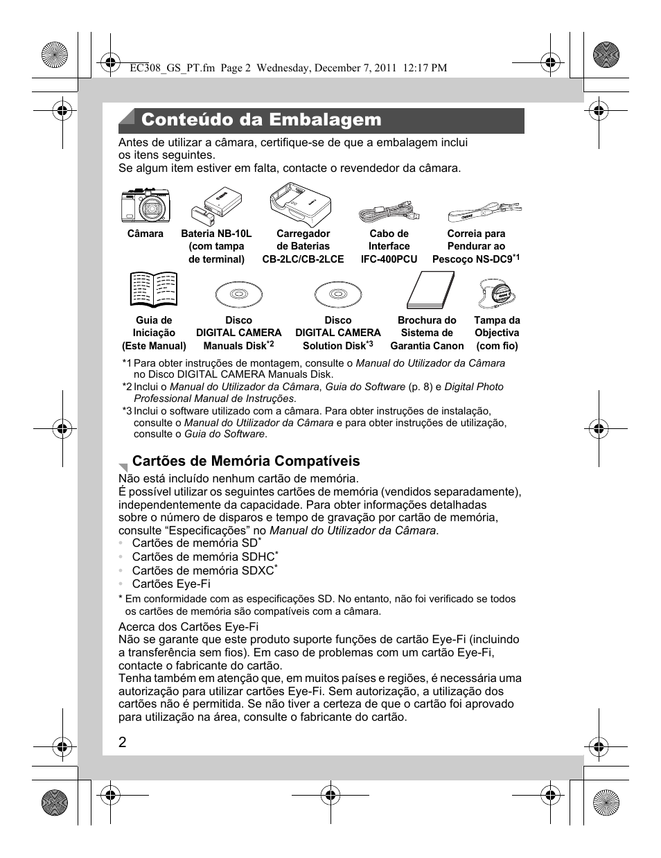 Conteúdo da embalagem, Cartões de memória compatíveis | Canon PowerShot G1 X User Manual | Page 50 / 146