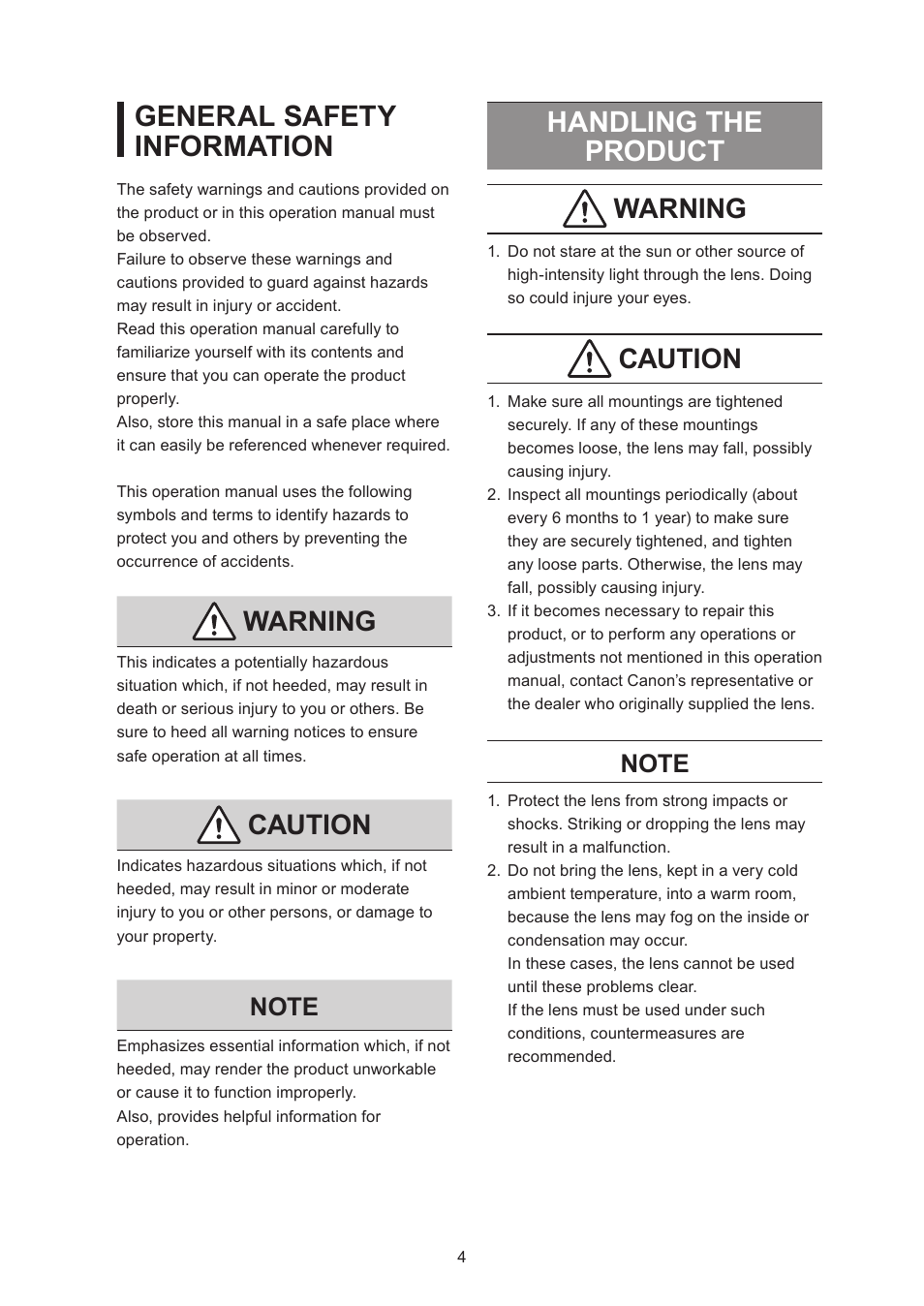 General safety information, Handling the product, Warning | Caution | Canon CN-E15.5-47mm T2.8 L SSP User Manual | Page 17 / 43