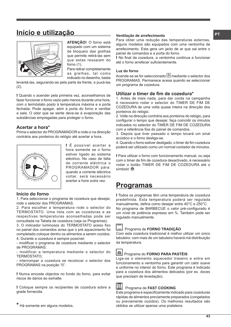 Início e utilização, Programas, Acertar a hora | Início do forno, Utilizar o timer de fim de cozedura | Hotpoint Ariston Tradición FT 95VC.1 (AN)-HA S User Manual | Page 43 / 72