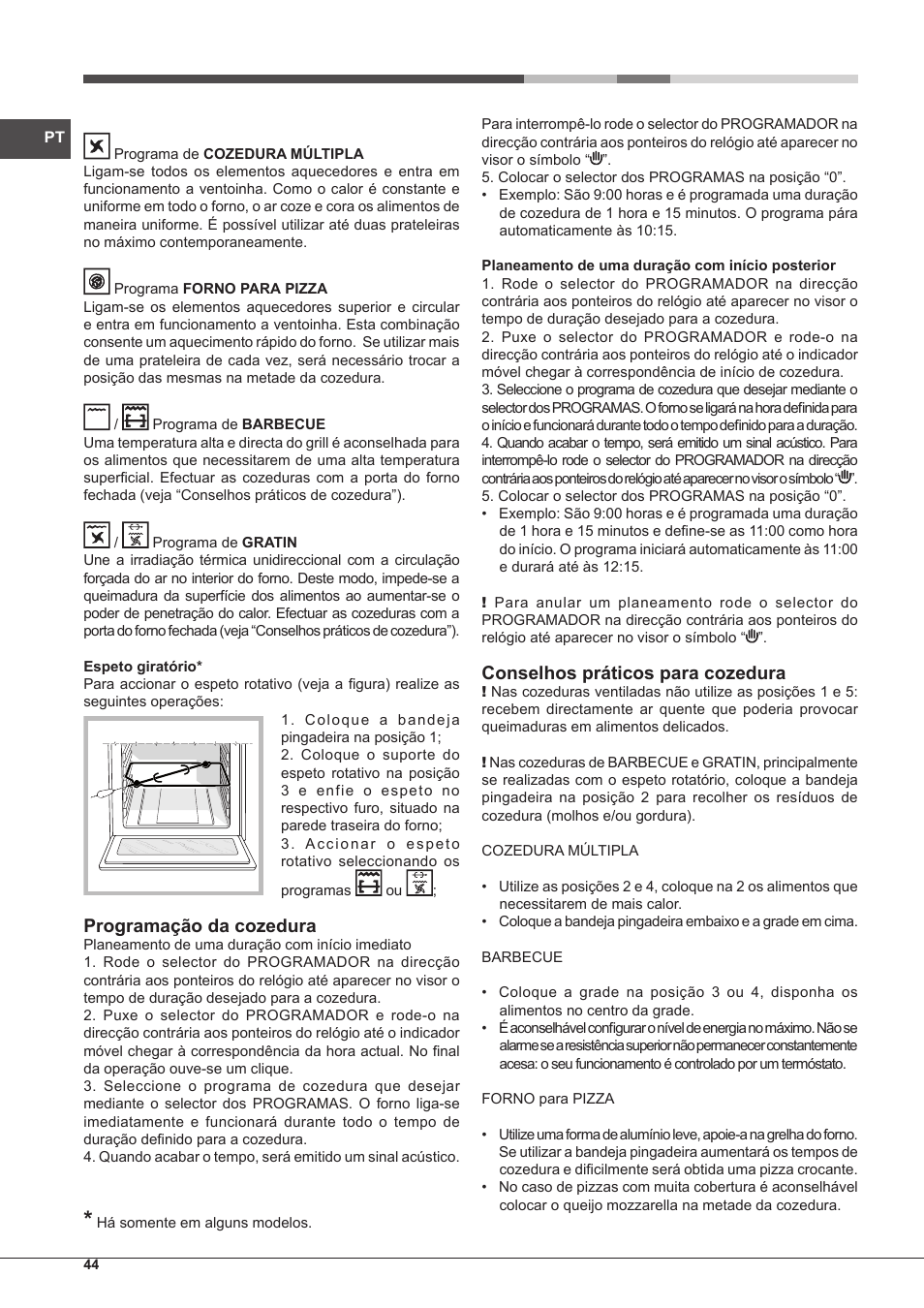 Programação da cozedura, Conselhos práticos para cozedura | Hotpoint Ariston Tradición FT 95VC.1 (AN)-HA S User Manual | Page 44 / 72