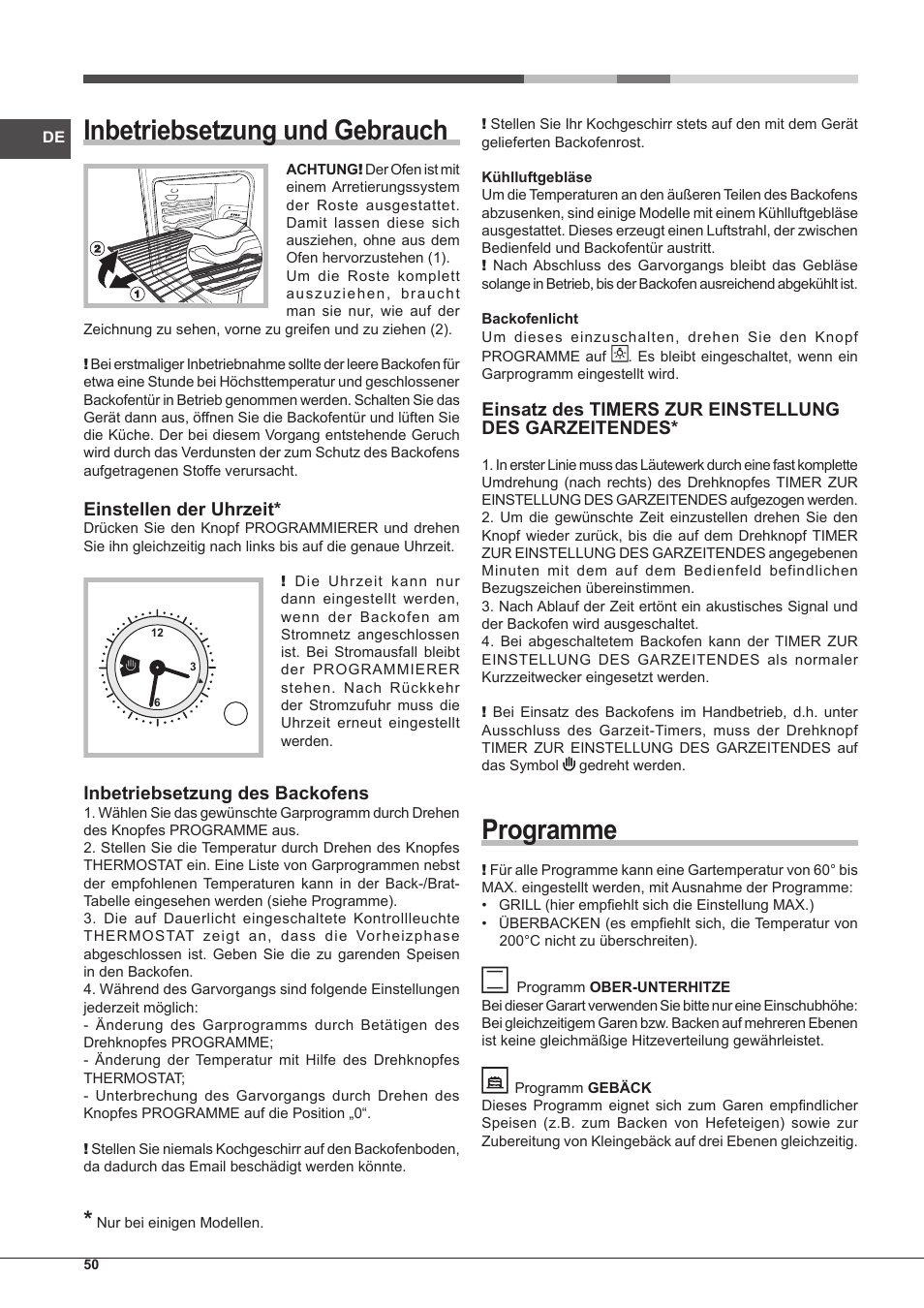 Inbetriebsetzung und gebrauch, Programme, Einstellen der uhrzeit | Inbetriebsetzung des backofens | Hotpoint Ariston Tradición FT 95VC.1 (AN)-HA S User Manual | Page 50 / 72