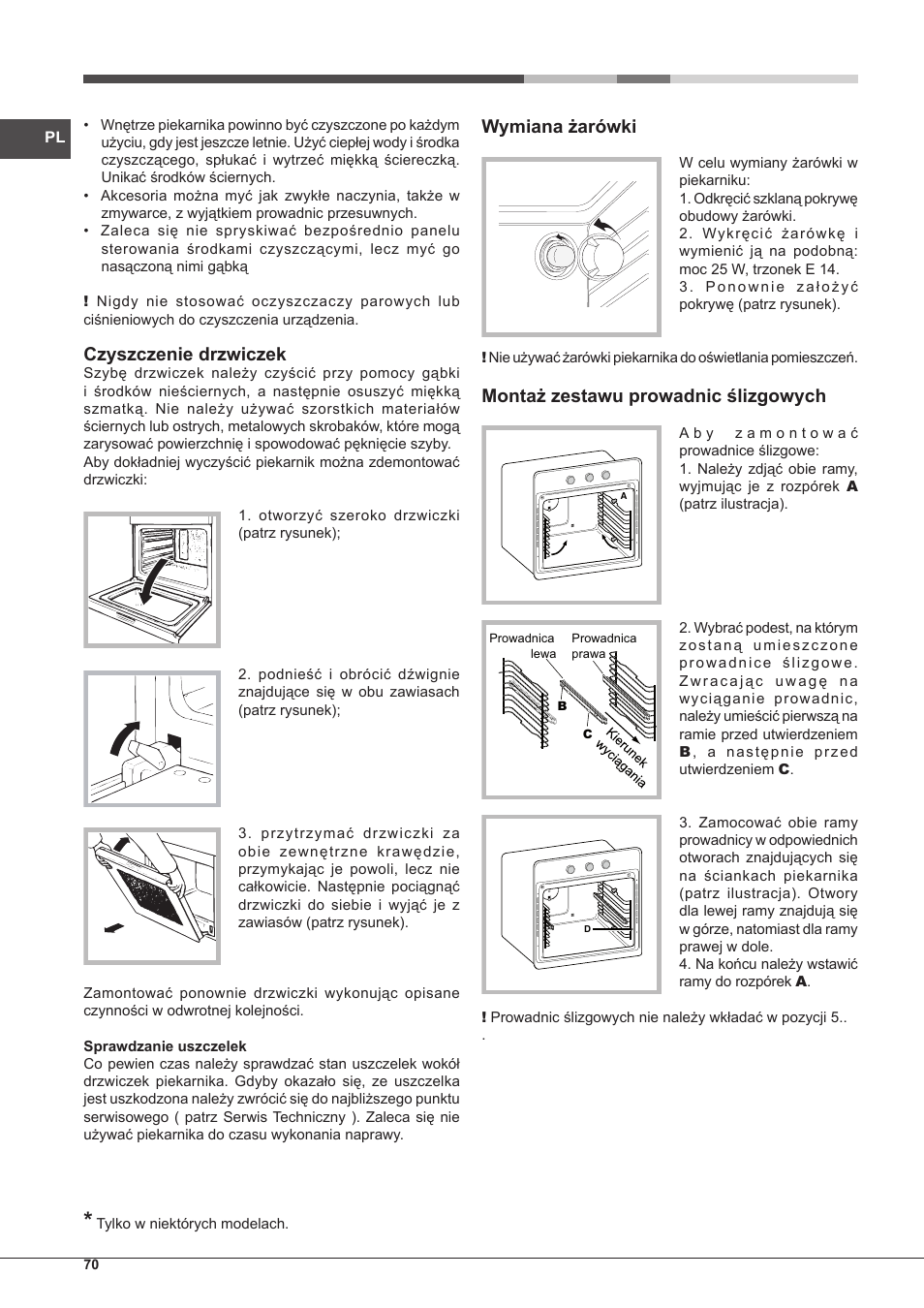 Czyszczenie drzwiczek, Wymiana żarówki, Montaż zestawu prowadnic ślizgowych | Hotpoint Ariston Tradición FT 95VC.1 (AN)-HA S User Manual | Page 70 / 72