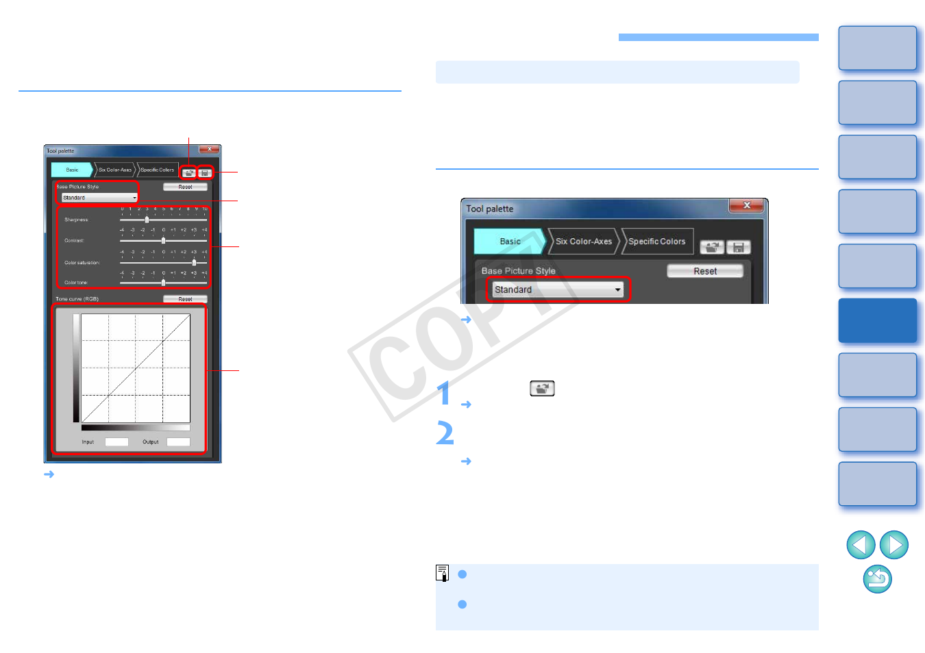 Making basic adjustments to image characteristics, Image, Characteristics | Selecting a picture style to be used as a basis, P.10), C op y | Canon EOS 1200D User Manual | Page 11 / 22