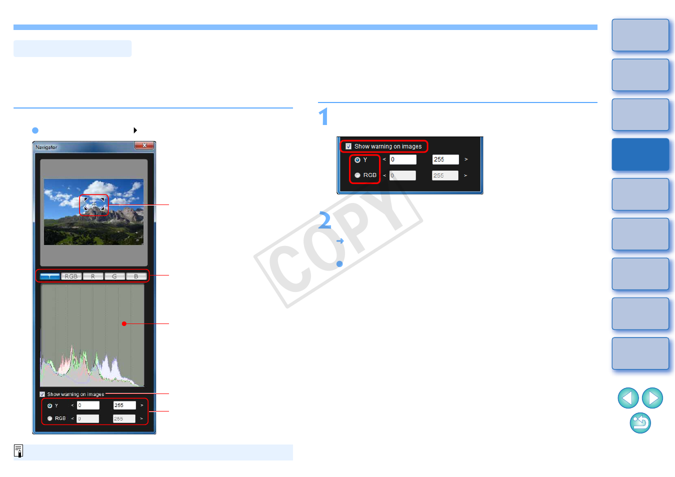 Navigator window, Setting the warning indicators, Sition | P.7), Cop y | Canon EOS 1200D User Manual | Page 8 / 22