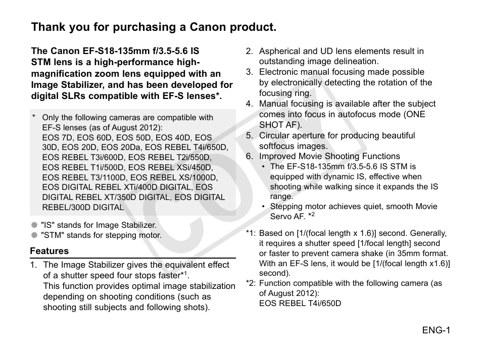 Cop y | Canon EF-S 18-135mm f3.5-5.6 IS STM User Manual | Page 2 / 14