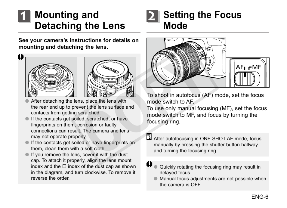 Cop y, Mounting and detaching the lens, Setting the focus mode | Canon EF-S 18-135mm f3.5-5.6 IS STM User Manual | Page 7 / 14