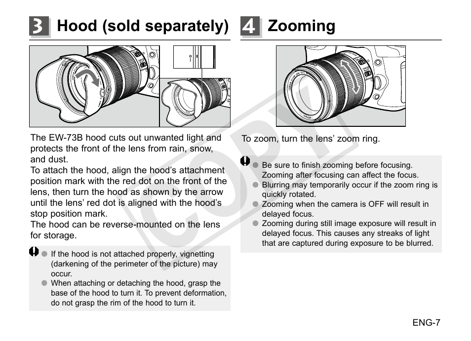 Cop y, Hood (sold separately), Zooming | Canon EF-S 18-135mm f3.5-5.6 IS STM User Manual | Page 8 / 14