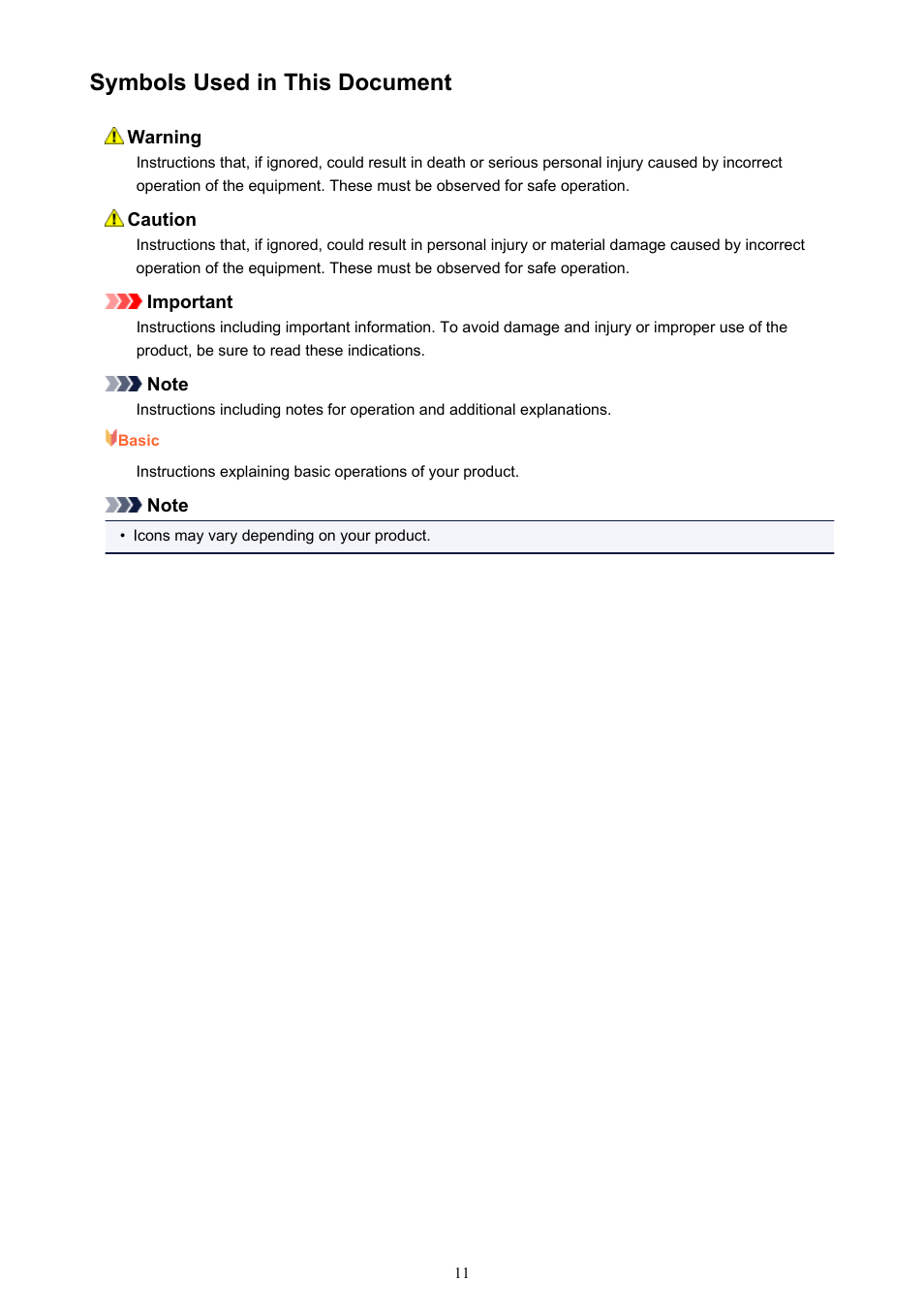 Symbols used in this document | Canon PIXMA iX6850 User Manual | Page 11 / 378