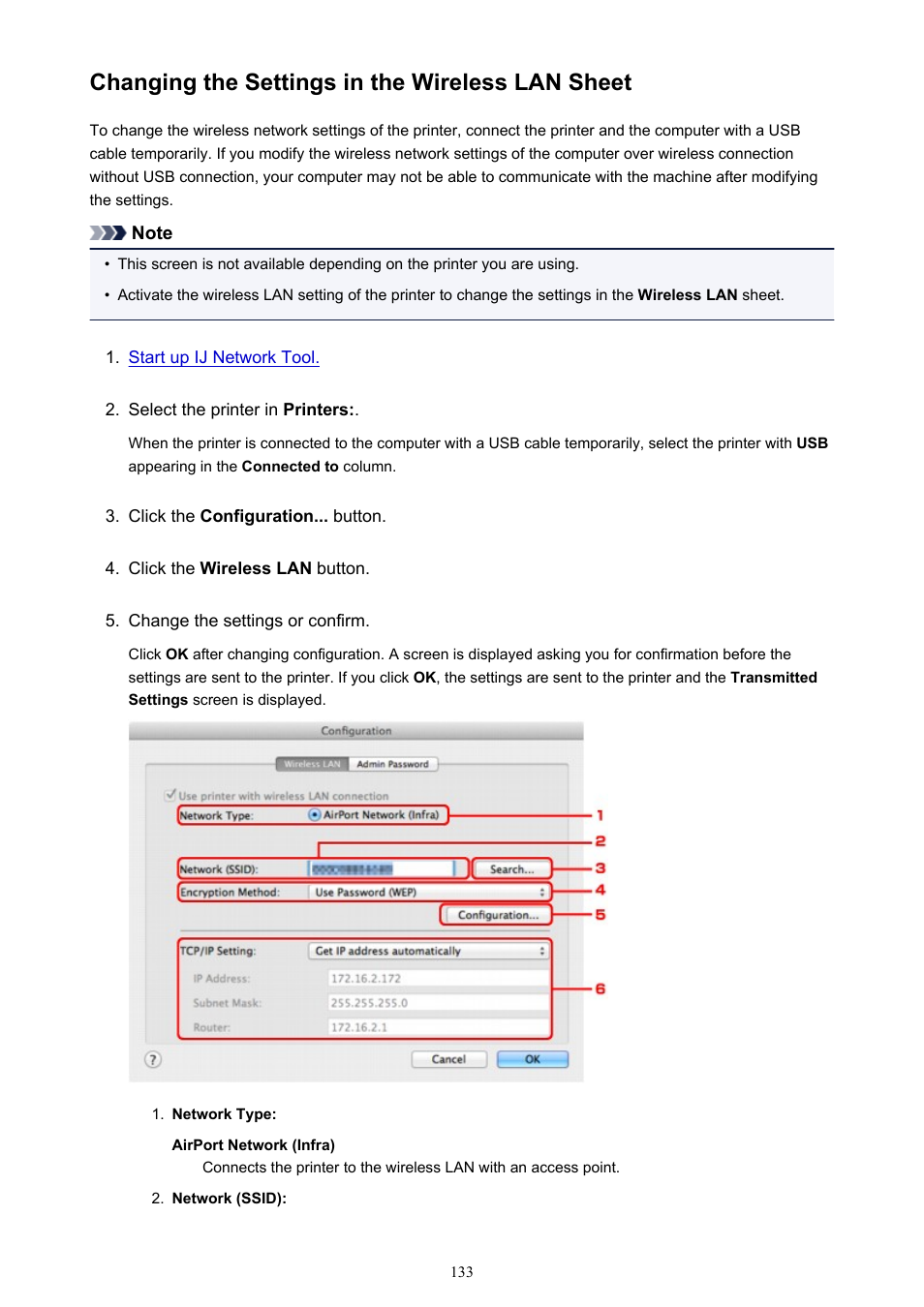 Changing the settings in the wireless lan sheet | Canon PIXMA iX6850 User Manual | Page 133 / 378