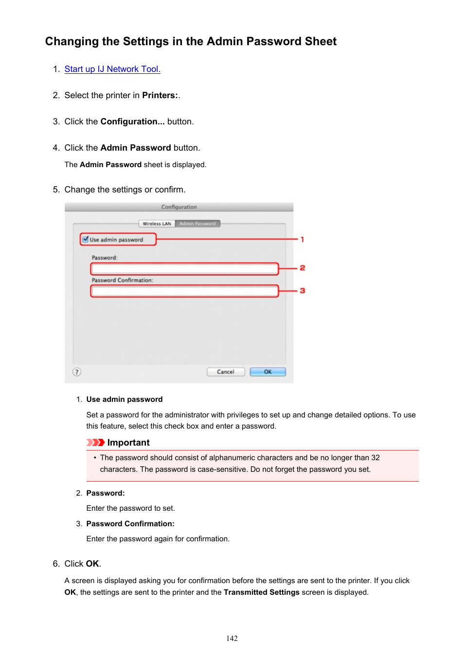 Changing the settings in the admin password sheet | Canon PIXMA iX6850 User Manual | Page 142 / 378