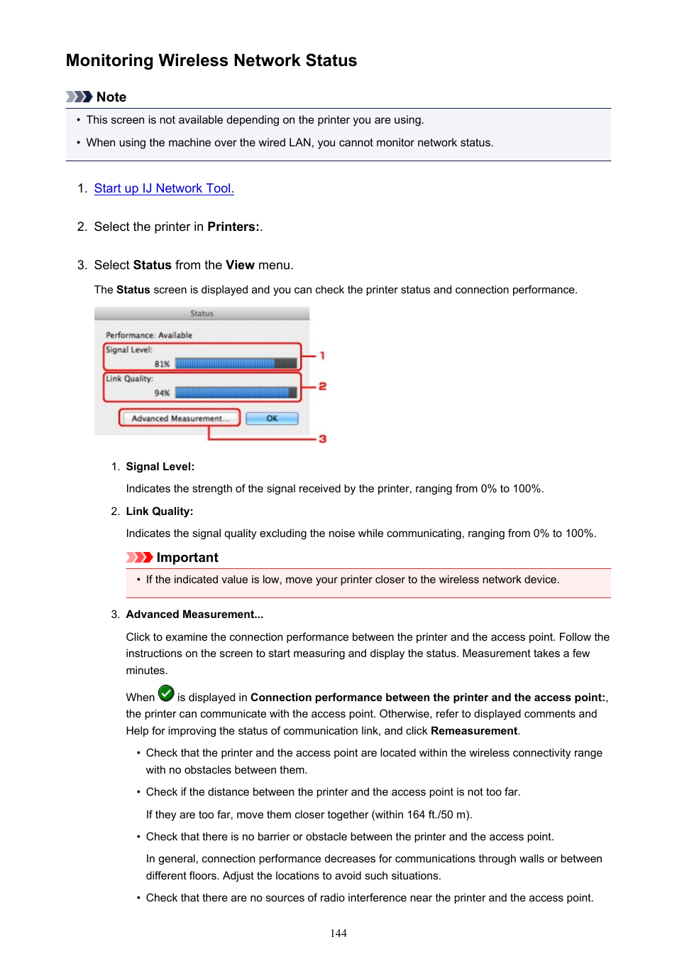 Monitoring wireless network status | Canon PIXMA iX6850 User Manual | Page 144 / 378