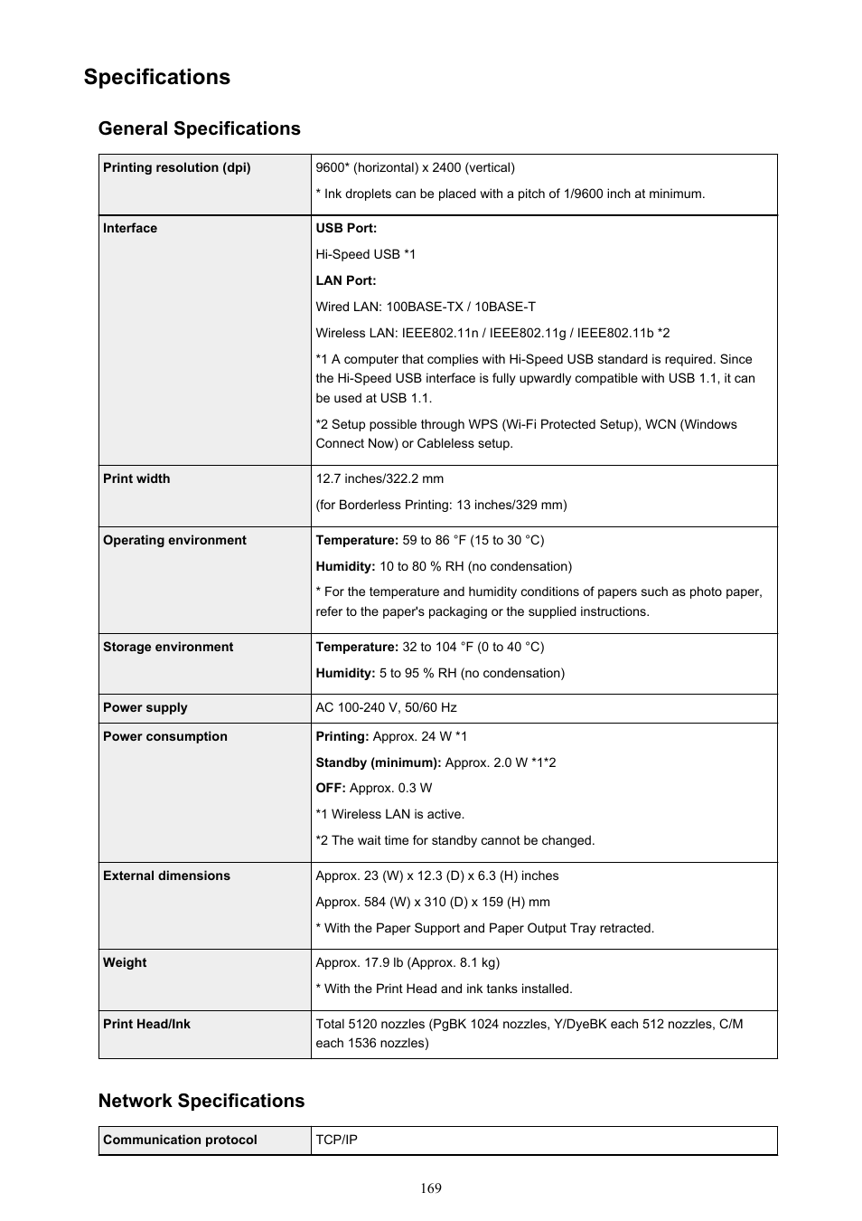 Specifications, General specifications, Network specifications | Canon PIXMA iX6850 User Manual | Page 169 / 378