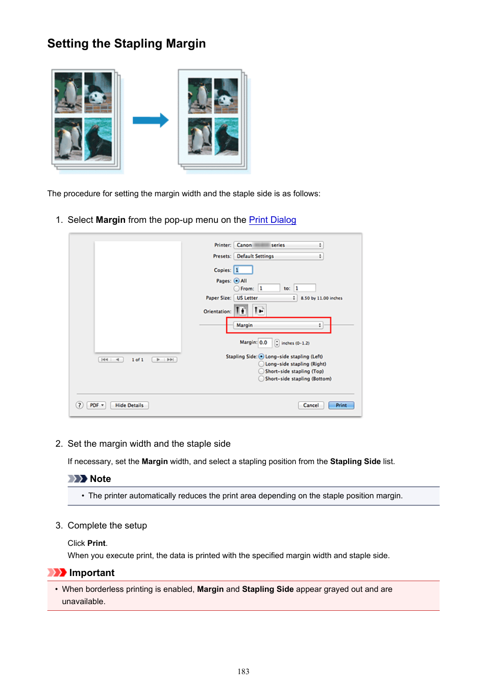Setting the stapling margin | Canon PIXMA iX6850 User Manual | Page 183 / 378