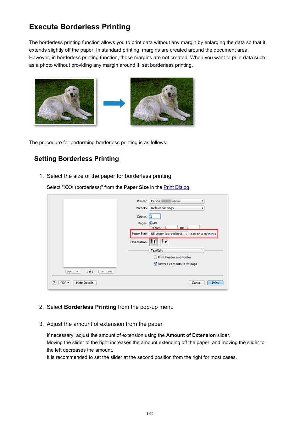 Execute borderless printing | Canon PIXMA iX6850 User Manual | Page 184 / 378