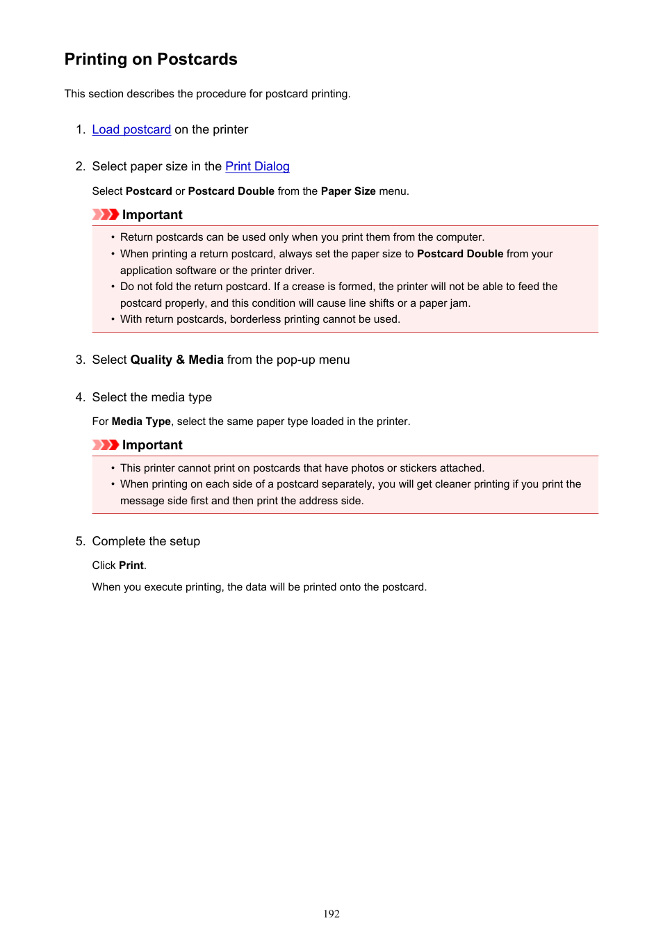 Printing on postcards | Canon PIXMA iX6850 User Manual | Page 192 / 378