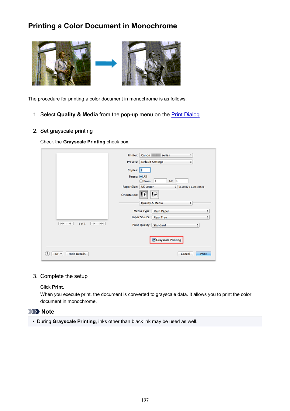 Printing a color document in monochrome | Canon PIXMA iX6850 User Manual | Page 197 / 378