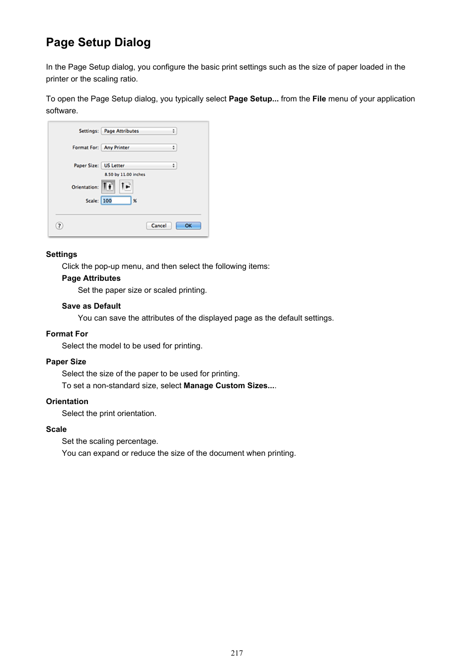In the, Select your model name from the, Page setup dialog | Canon PIXMA iX6850 User Manual | Page 217 / 378