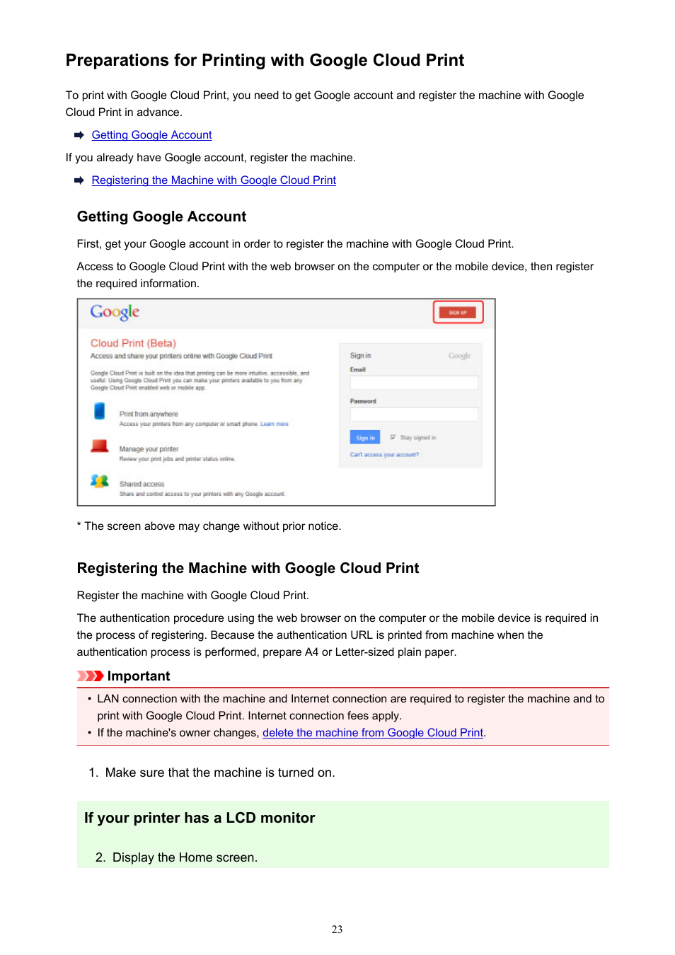 Preparations for printing with google cloud print | Canon PIXMA iX6850 User Manual | Page 23 / 378