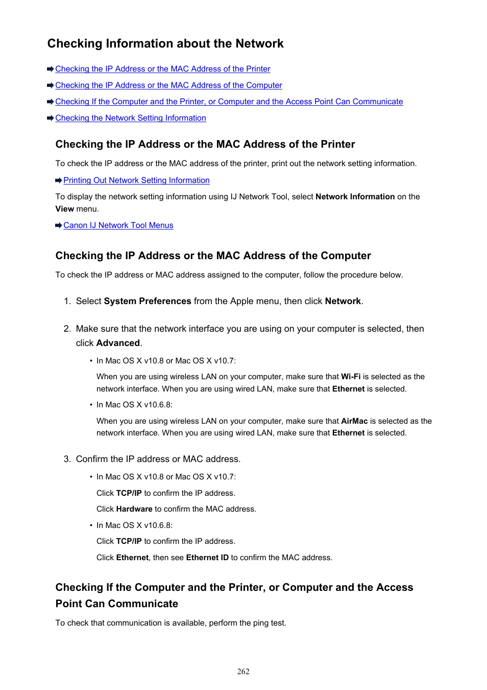 Checking information about the network, Checking the ip address or the mac, Address of the computer | Canon PIXMA iX6850 User Manual | Page 262 / 378