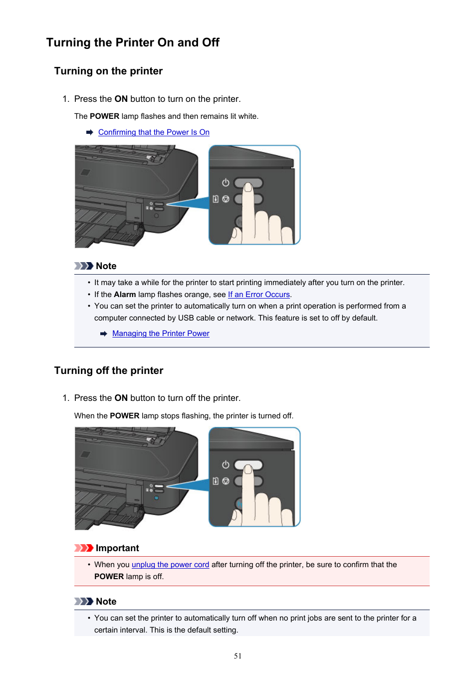 Turning the printer on and off, Turning on the printer, Turning off the printer | Canon PIXMA iX6850 User Manual | Page 51 / 378