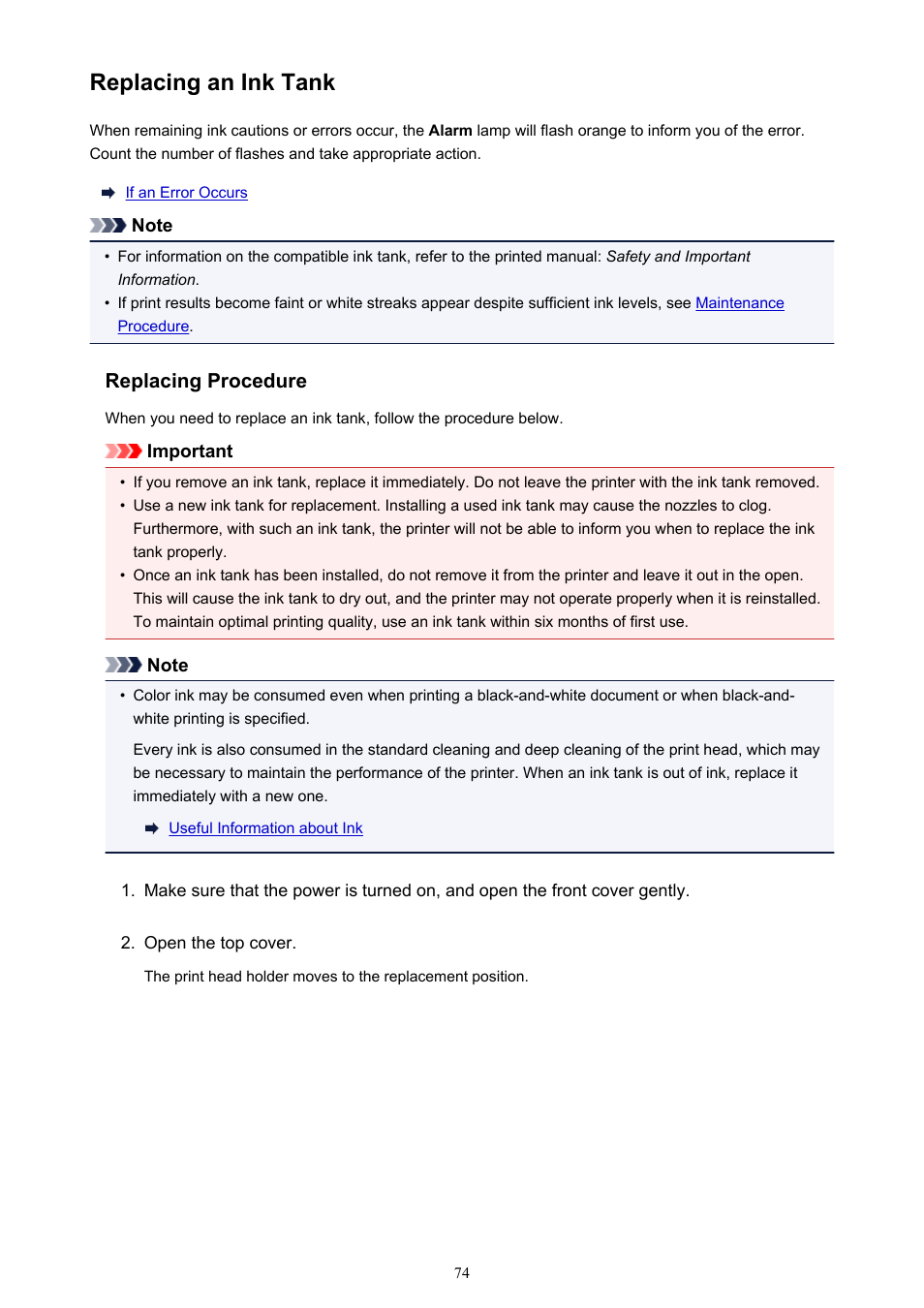 Replacing an ink tank, Ink tank, see | Canon PIXMA iX6850 User Manual | Page 74 / 378