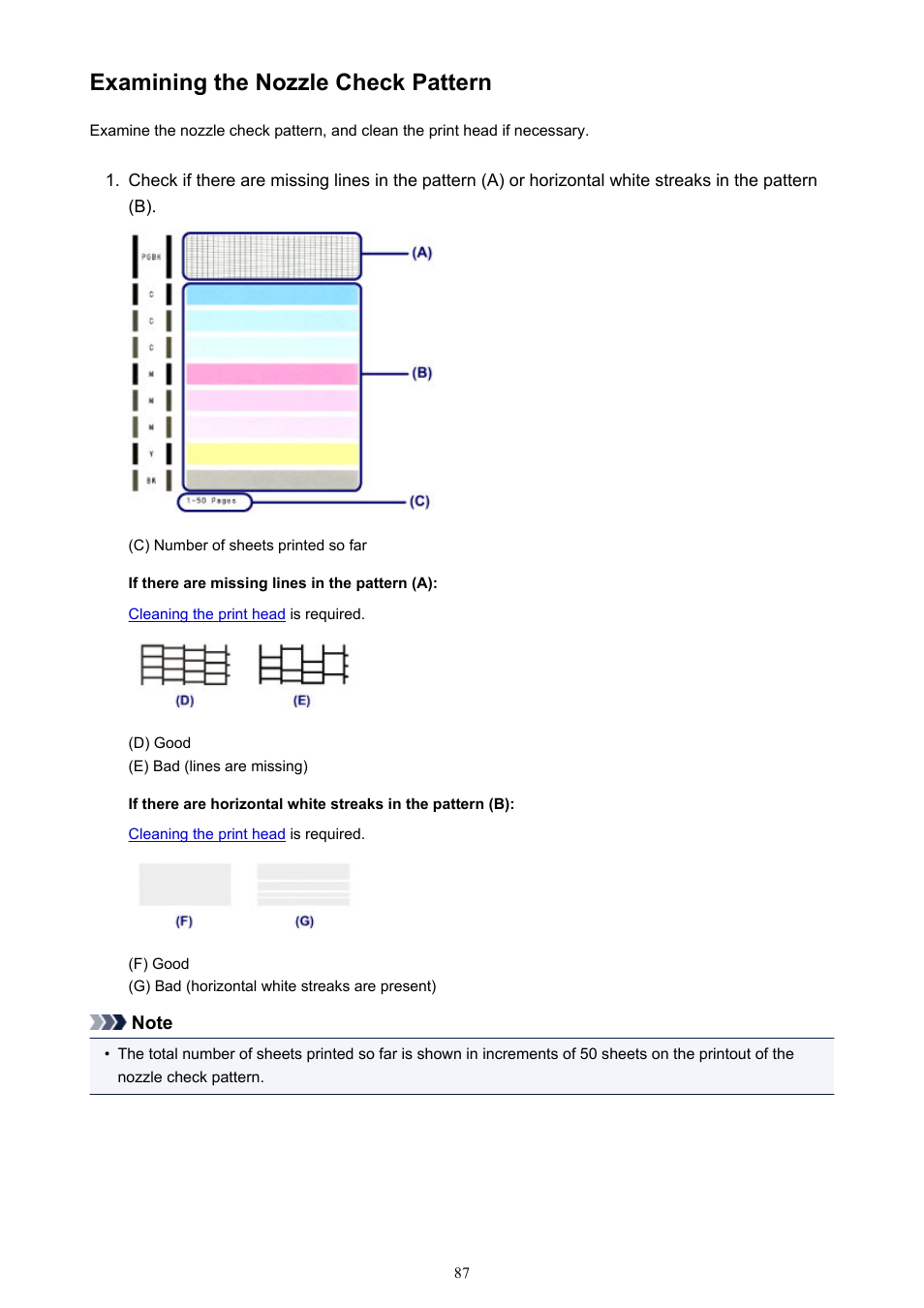 Examining the nozzle check pattern, Examine the nozzle check pattern | Canon PIXMA iX6850 User Manual | Page 87 / 378