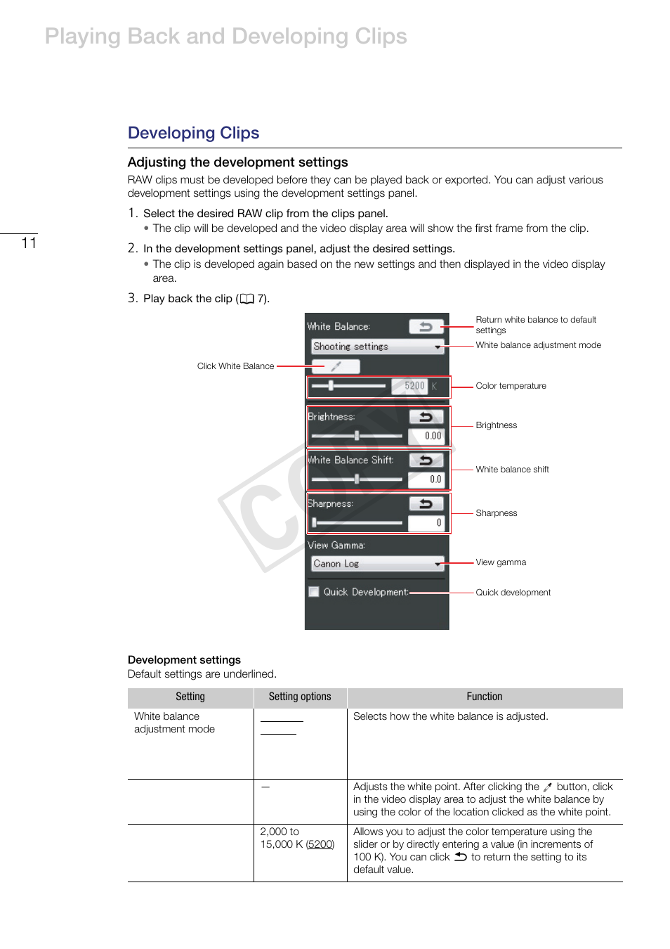 Developing clips, Adjusting the development settings, Cop y | Playing back and developing clips | Canon EOS C500 User Manual | Page 11 / 24