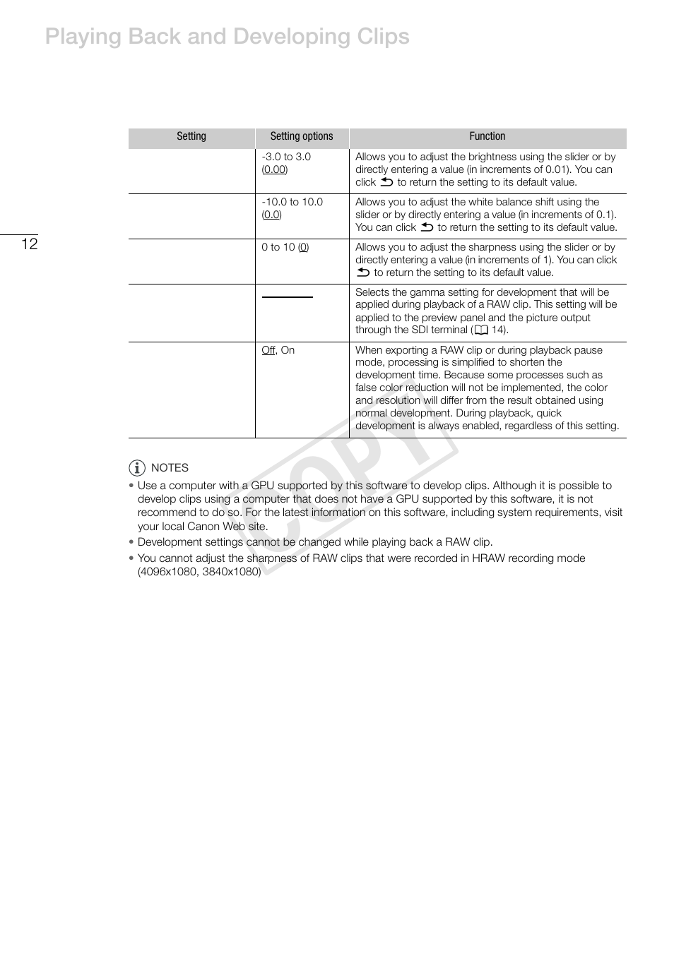 Cop y, Playing back and developing clips | Canon EOS C500 User Manual | Page 12 / 24